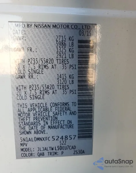 2015 Infiniti Qx60 z USA, uszkodzony, nr VIN 5N1AL0MNXFC524857